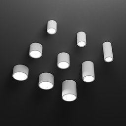 "Point-C" is a customizable ceiling light solution designed in Blender 3D, featuring a group of white lights on a black surface with smooth, rounded shapes. Available in 9 sizes, 3 different heights, and 3 different diameters, each light is separable and can be positioned in multiple ways. The light to ceiling holder keeps the lights around 0.62cm away from the ceiling.