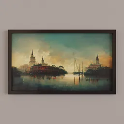 "3D model of a gothic architecture painting with water and trees on foreground, created with Blender 3D. Inspired by Oswald Achenbach's old master technique, this 50x30cm piece features a city skyline and sailboat in the water. Perfect for art enthusiasts and architecture lovers."