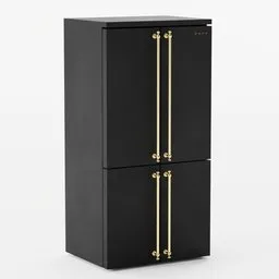 High-quality black retro-style 3D fridge model with golden handles, ideal for Blender kitchen scenes.