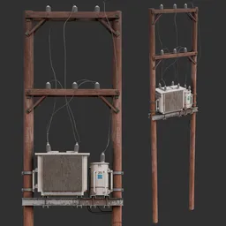 Detailed 3D utility pole with transformers and insulators suitable for Blender renders and game assets.
