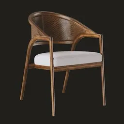 3D model of an oak wood dining chair with two-tone rattan caning, flared legs, and cushion.