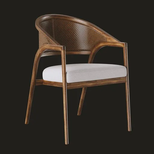3D model of an oak wood dining chair with two-tone rattan caning, flared legs, and cushion.