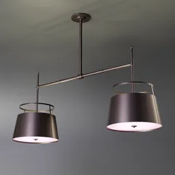 "Carlyn Double Ceiling Light, a modern turn-of-the-century design with two lamps hanging from a grey ceiling. This high-resolution 3D model is perfect for Blender 3D projects, featuring a customizable procedural metal texture in the node editor."