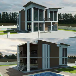"Experience hyperrealism with our modern house 3D model for Blender 3D. Perfect for archiviz, this modular design features a pool, balcony, and elegant asymmetrical elements. Includes exterior areas for added realism."