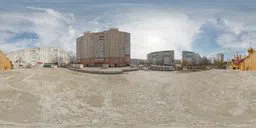 360-degree HDR panorama of a construction yard with buildings and clear sky for realistic lighting in 3D scenes.