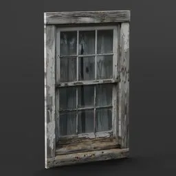 Realistic 3D model of an old, distressed wooden window with peeling paint, suitable for Blender renders.