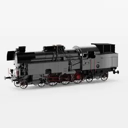 "Steam locomotive 3D model for Blender 3D: A highly detailed train engine with a black caboose, inspired by the historic 78.606 locomotive in Amstetten, Austria. This realistic model features a red, white, and black color scheme, sharp nose with rounded edges, and was created by An Gyeon using the Blender software."