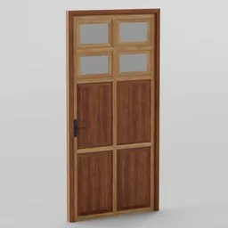"Wooden Door 100x8x200 with glass panel, modeled in Blender 3D. Features a tall, thin frame in brown Quechua wood, single solid body design, and elegant features. Perfect for game development or architectural visualizations."