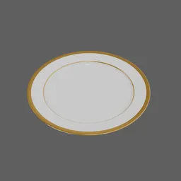 High-quality 3D model of a classic white and gold-trimmed porcelain plate, perfect for Blender renderings.