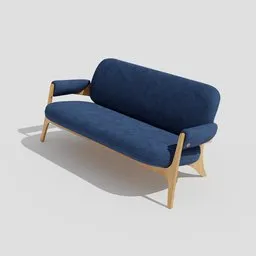 Realistic blue upholstered 3D sofa model with wooden frame for Blender rendering, living room furniture visualization.