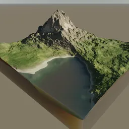 "Mountain Lake 3D model for Blender 3D - a picturesque landscape of a mountain and lake with polynesian-style elements. Perfect for game scene graph and as a background object. Rendered with Rhino and available in cel-shaded style."