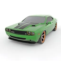 "Green Dodge Challenger 2008 3D model with orange rims on white background. Modeled in Blender 3D and available only on Blender Kit. Perfect for muscle car lovers and automotive enthusiasts."