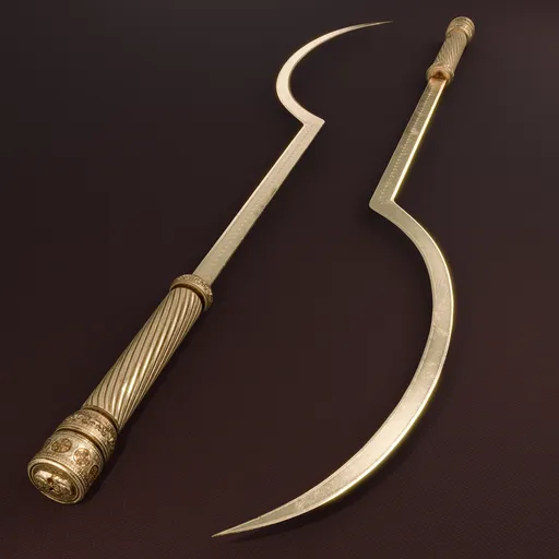 Detailed 3D modeled ornate golden curved sword with intricate handle design, rendered in Blender.