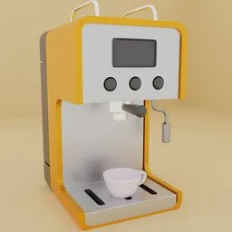 Detailed 3D-rendered espresso machine with cup, compatible with Blender for interior design visualization.