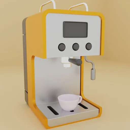Detailed 3D-rendered espresso machine with cup, compatible with Blender for interior design visualization.