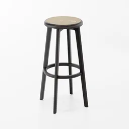 3D-rendered wooden bar stool with a woven rattan top, designed for Blender modeling and outdoor settings.