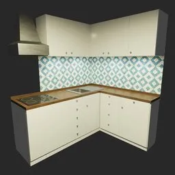 "Small kitchen furniture set for Blender 3D - featuring a sink, stove, and wooden cabinet. Inspired by Izidor Kršnjavi, this in-game 3D model showcases a white and pale blue color scheme, complimented by pale yellow wallpaper with a damask pattern. Includes under shelf lighting for small flats or tiny recreation houses."