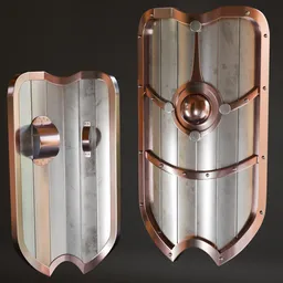 Low poly 3D shield model with high-quality metal textures, suitable for Blender war game designs.