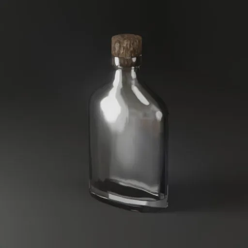 Realistic Blender 3D model of a clear glass liquor bottle with cork, featuring procedural textures.