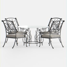 Intricate wrought iron patio set 3D model, featuring elegant scrollwork, suitable for Blender rendering.