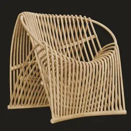 Intricately woven 3D rattan chair model with leather bindings and unique silhouette, inspired by the Oculus structure.