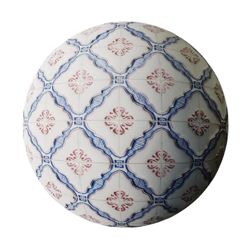Realistic PBR texture of weathered ceramic tiles with detailed patterns and warm hues for 3D flooring designs.