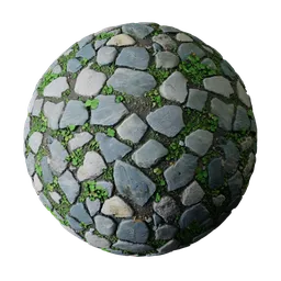 Cobblestone Pavement with Green Weeds