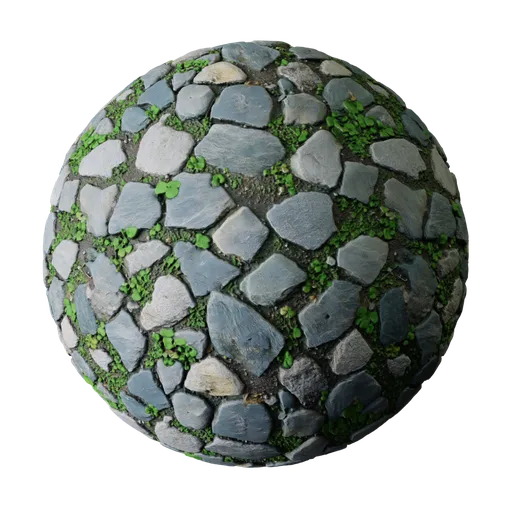 Cobblestone Pavement with Green Weeds