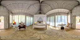 360-degree HDR image showcasing an elegant bedroom with a canopy bed, natural light, and stylish furniture.