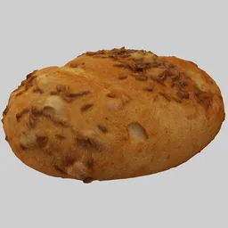 "High-quality 3D model of a small bread roll with a variety of seeds on top, perfect for food or fantasy bakery scenes in Blender 3D. Made with Enscape render and detailed model sheet. Named Houska-01 Bread Asset."
