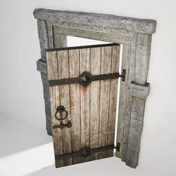 Low-poly 3D Blender model of a medieval wooden door with stone arch and PBR textures for historical scenes.