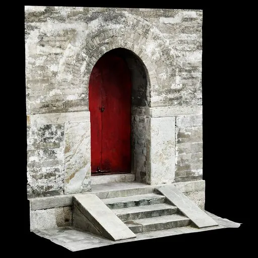 Highly detailed red door 3D model with weathered stone arch for Blender artists.