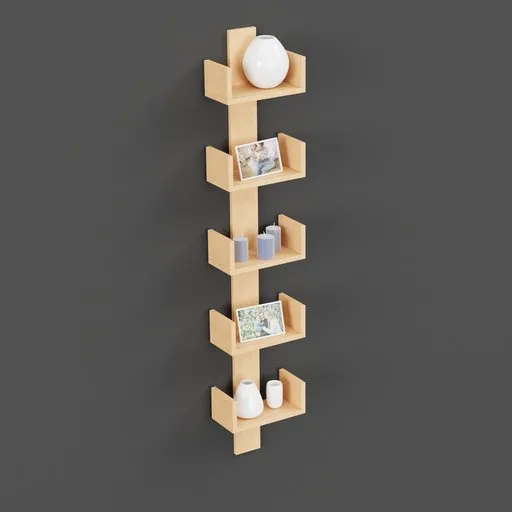 Realistic 3D-rendered wooden wall shelf with decorative items, optimized for Blender interior design scenes.