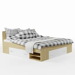 Detailed 3D model of a wooden bed with checkered bedding and storage drawers, compatible with Blender.