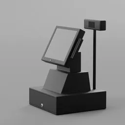 "Industrial exterior 3D model of Shop Casher payment machine designed in Blender 3D software. This computer stand features a monitor for checkout and minimalist black plastic design inspired by Josef Navrátil. Perfect for restaurant or merchant collector concept art."
