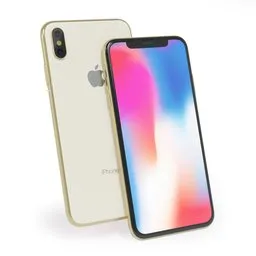 "High-resolution Blender 3D model of an iPhone X with enhanced details and realistic textures. This 2018 futuristic design features a white phone with a gold back, vibrant Octane render, and solid colors. Perfect for 3D artists and designers seeking an accurate representation of this iconic cellular phone."