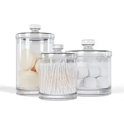 "Three clear jars filled with toothpicks and cotton buds, serving as a practical bathroom organizer. This 3D model, crafted in Blender 3D, offers a stylish and functional solution for small object organization in your bathroom. Enhance your search for Blender 3D models with this useful bathroom organization pot."
