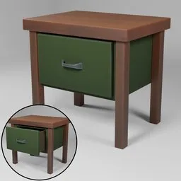 "Low-poly stylized mini table with a drawer, inspired by post-war and Team Fortress styles. Dark green color scheme and detailed textures create a painterly look. Perfect for modern gallery furniture scenes in Blender 3D."