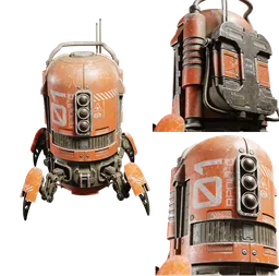 Detailed 3D spider robot model with mechanical legs and orange texture for Blender animation.