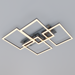 "Square Quattro ceiling lamp 3D model for Blender 3D. Featuring an elegant black design and highly-detailed, non-euclidean style reminiscent of Stanislav Vovchuk. Perfect for adding a touch of New Baroque deco to any virtual space. Rendered in warm colors."