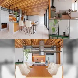 Realistic Blender 3D-rendered interior scene with detailed living room, bedroom, and kitchen using PBR textures and unique materials.