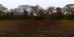 Autumn-themed HDR panorama of a leaf-strewn park with bare trees under overcast skies for realistic lighting in 3D scenes.