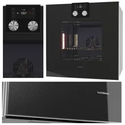 "3D model of the Gaggenau BO420102 oven, a sleek kitchen appliance from the Anthracite 400 series. Rendered with high detail in Blender 3D software, this model showcases the microwave's clock, dark scheme, and product design, perfect for use in virtual kitchen designs and architectural visualizations."