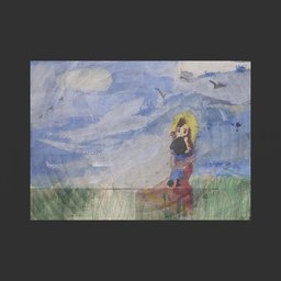 Girl with Doll in the Fields - painting on paper