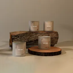 3D-rendered candle mockup on wooden elements for serene website banners.