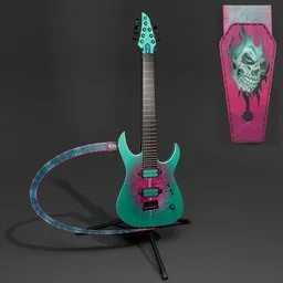 "Discover the Mayones Duvell QATSI 2.0 electric guitar 3D model in stunning detail, created using Blender 3D software. Handcrafted by Mayones Guitars & Basses in Poland, this highly detailed and colored guitar features a custom finish, hallowin guitar strap, and tripod guitar stand. Perfect for artists and musicians alike, this 3D model is a winning artwork with a unique black and cyan color scheme and tie-dye design, embodying the essence of death metal and defense."