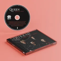 Detailed 3D rendering of Queen music CD and case, optimised for Blender artists and 3D modeling enthusiasts.