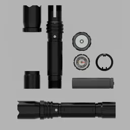 Detailed 3D model render of a disassembled flashlight for Blender artists.