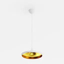 Realistic 3D rendering of a modern pendant lamp with glossy gold interior, white exterior, and cable.
