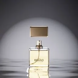 3D modeled luxury perfume bottle with reflective water surface, ideal for creative Blender visualization.